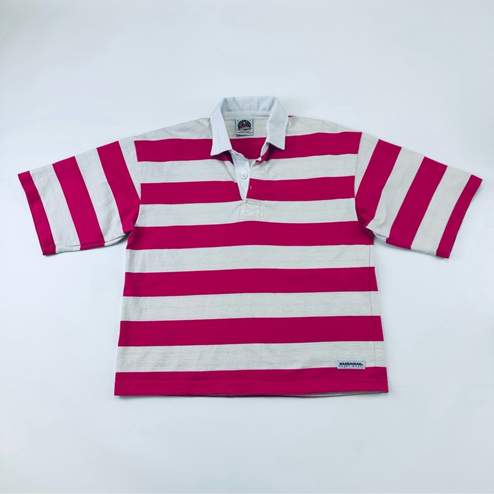 Barbarian fuchsia off white stripe rugby cotton womens shirt Medium vintage